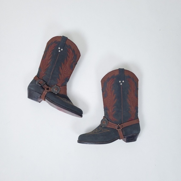 Vintage Two-Tone Cowboy Boots harness buckle black brown heel western cowgirl - Picture 2 of 12